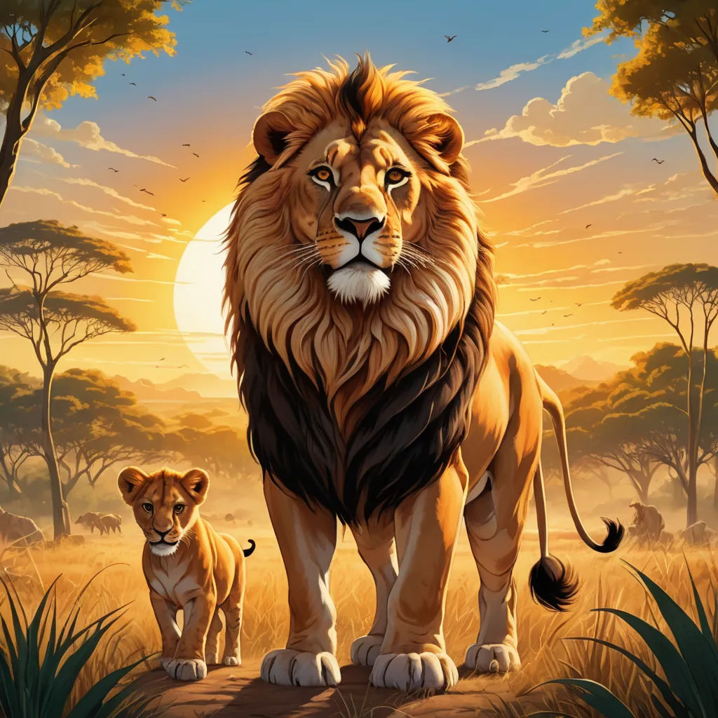 a lion and a cub stand in a field at sunset with trees and grass in the background and a sun setting, lyco art, an airbrush painting, Brothers Hildebrandt, highly detailed digital painting