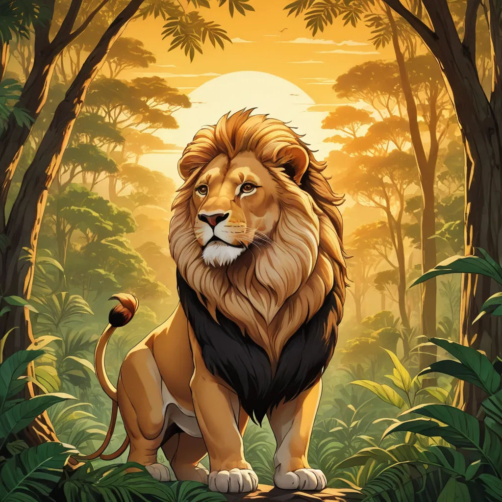 a lion standing in the middle of a forest with trees and bushes around it, with the sun shining through the trees, fantasy art, a digital painting, Chris LaBrooy, official art