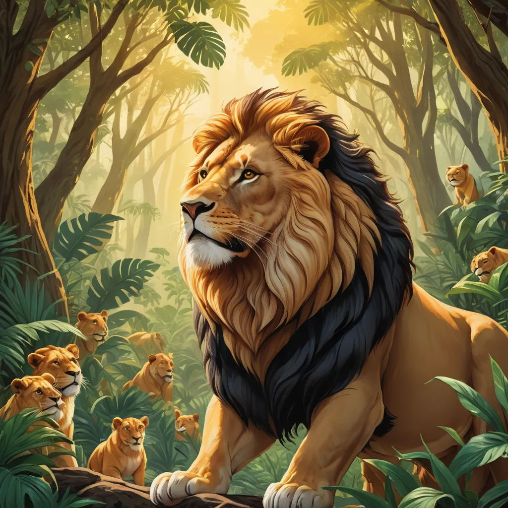 a lion in the jungle with other lions in the background and trees and bushes around it, with sunlight shining through the trees, fantasy art, a digital painting, Chris LaBrooy, official art
