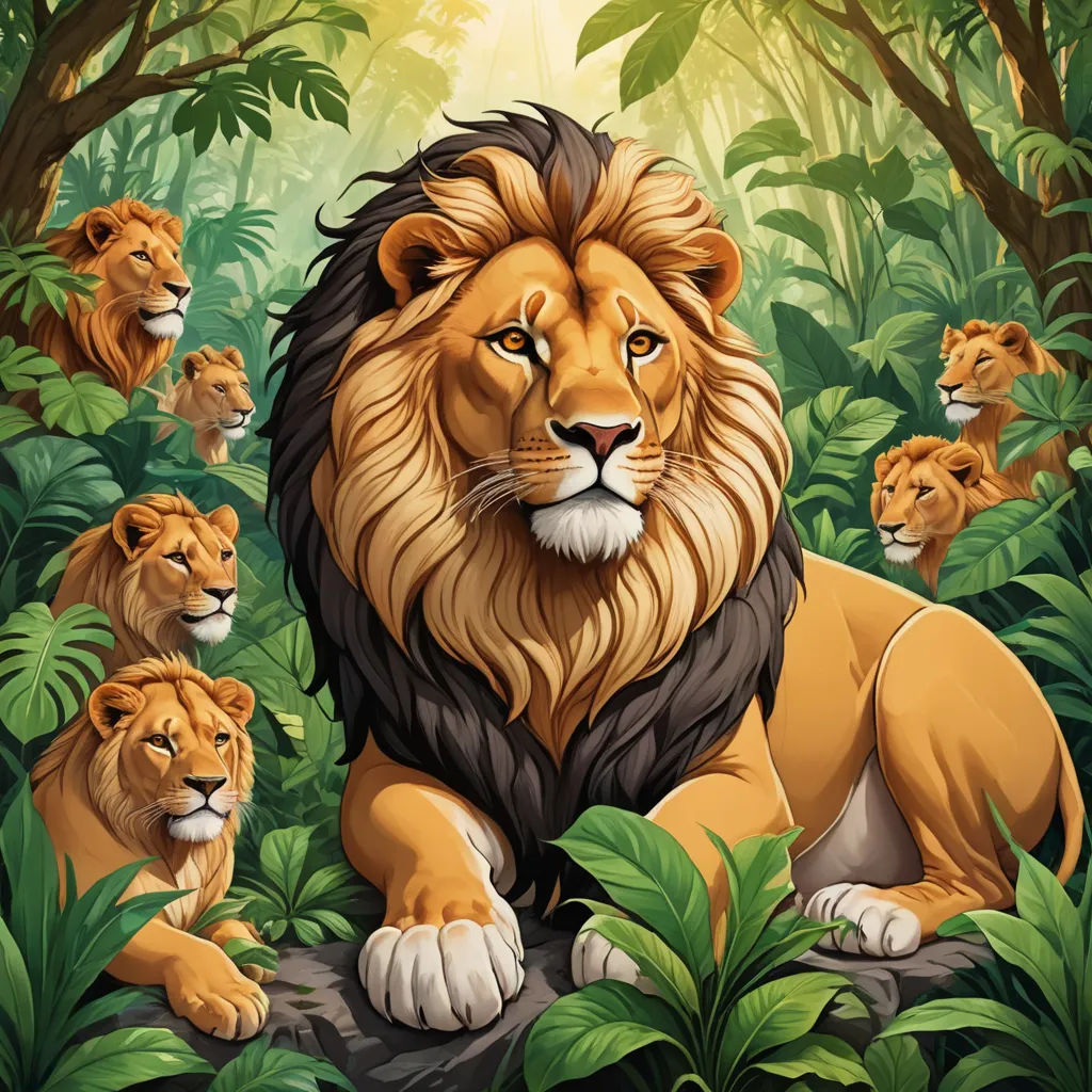 a lion surrounded by other lions in a jungle setting with trees and bushes around it, with sunlight shining through the trees, furry art, an album cover, Chris LaBrooy, furaffinity