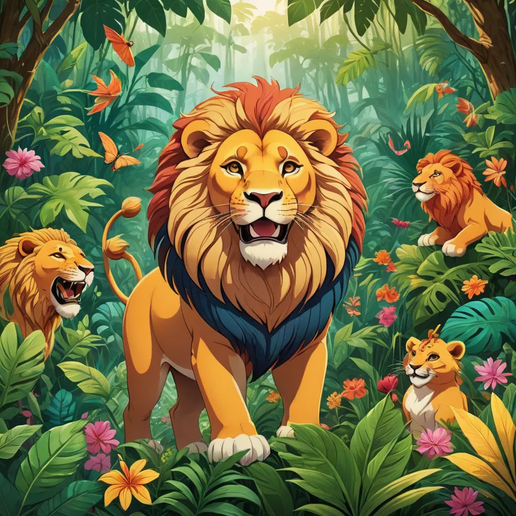 a lion and two lions in the jungle with flowers and trees around it, with a background of flowers and leaves, lyco art, a poster, Chris LaBrooy, official art