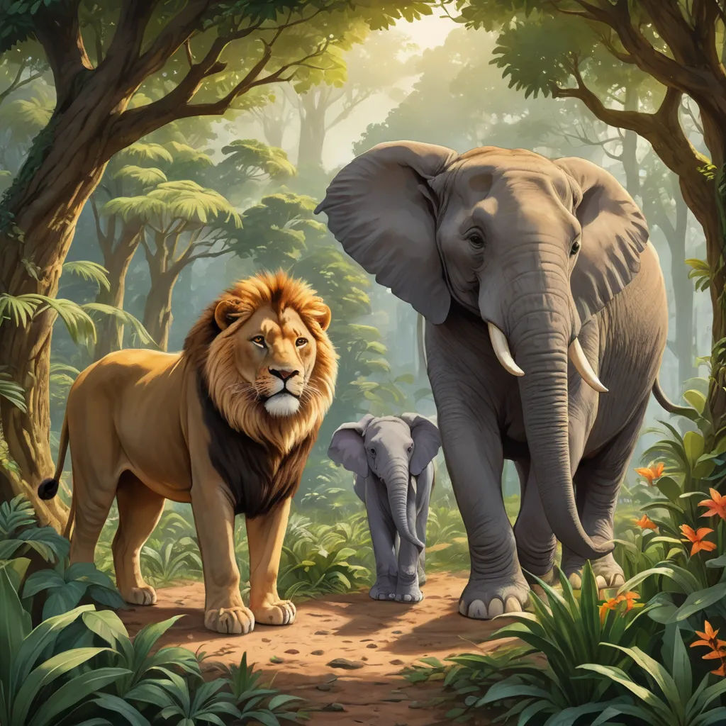 a painting of two lions and a lion in the jungle with trees and flowers around them, with a sunbeam in the background, furry art, a digital painting, Chris LaBrooy, official art