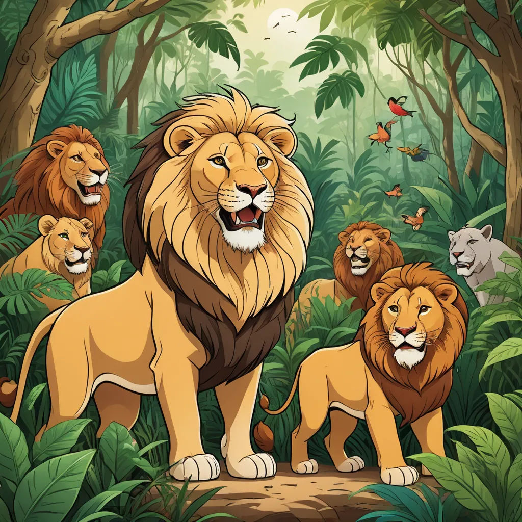 a group of lions in the jungle with butterflies flying around them and a butterfly flying above them, with a background of trees and leaves, lyco art, a storybook illustration, Chris LaBrooy, furaffinity