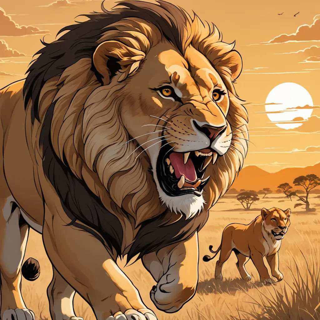 a lion running through a field with another lion in the background and a sunset in the background with clouds, furry art, a comic book panel, Chris LaBrooy, laurie greasley