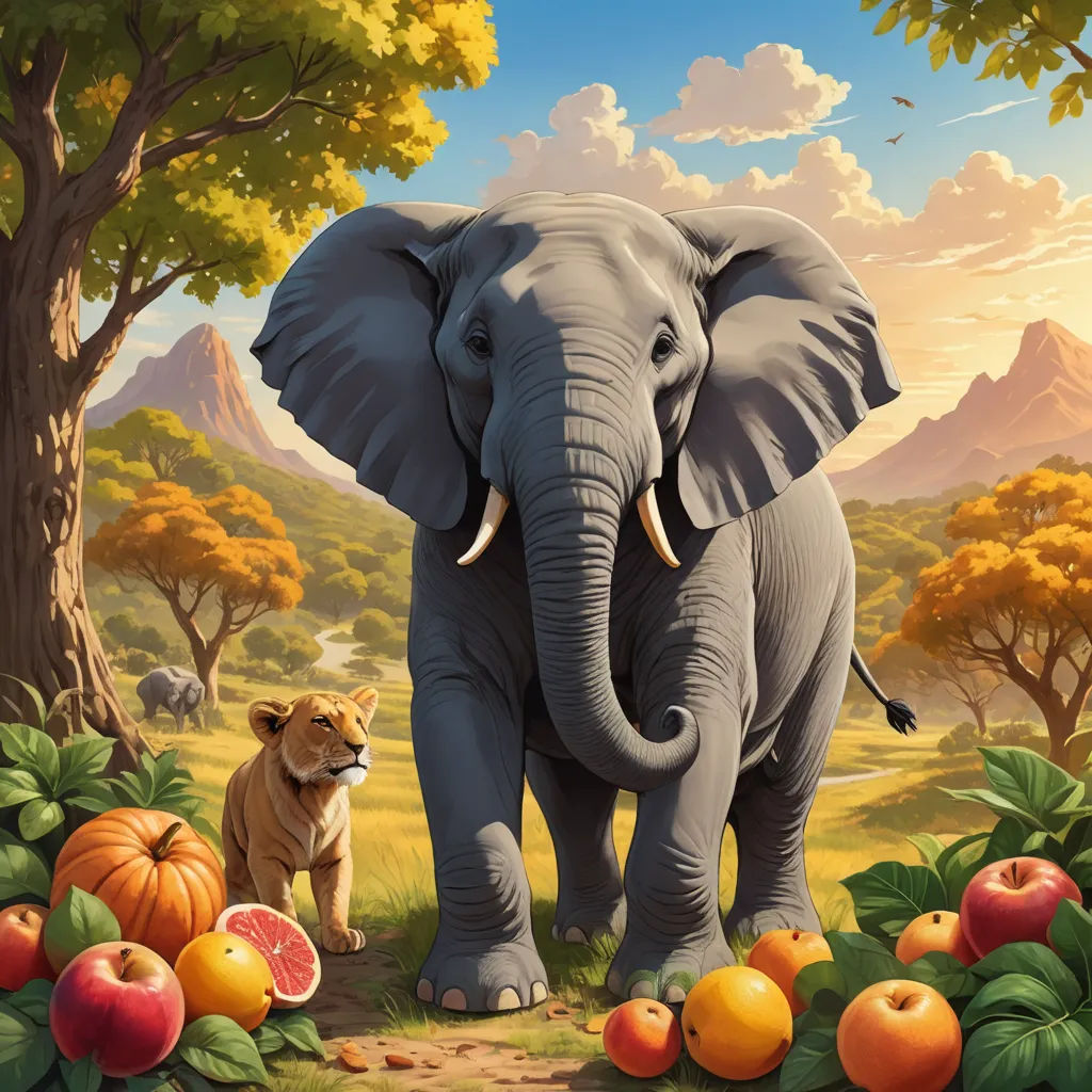 a painting of an elephant and a dog in a field of fruit and trees with mountains in the background, naturalism, a storybook illustration, Chris LaBrooy, highly detailed digital painting