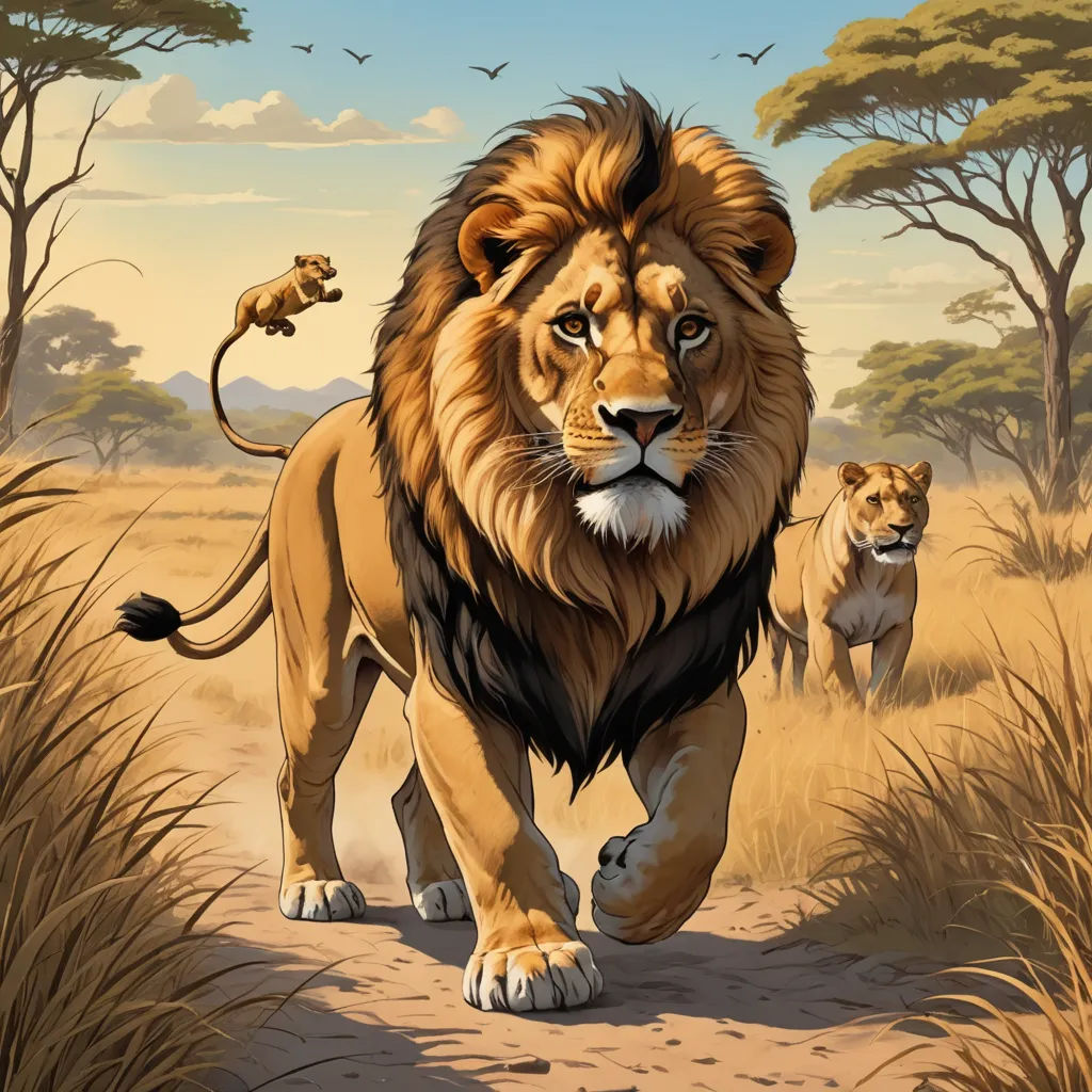 a lion and two lions walking in the wild together in a painting style, with a sky background and trees, fantasy art, a digital painting, Chris LaBrooy, highly detailed digital painting