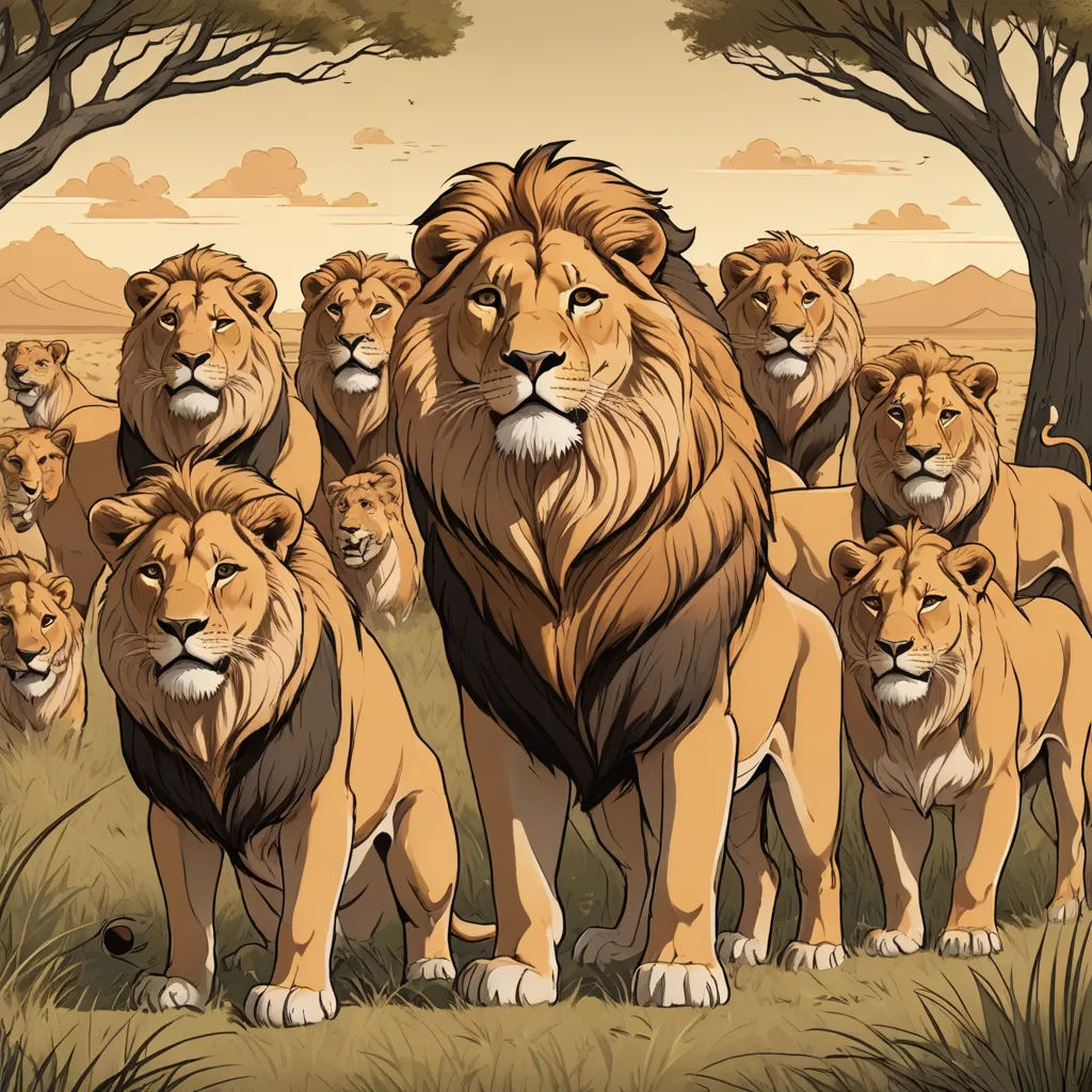 a group of lions standing in a field with trees in the background and a sky background with clouds in the sky, furry art, an illustration of, Chris LaBrooy, detailed illustration