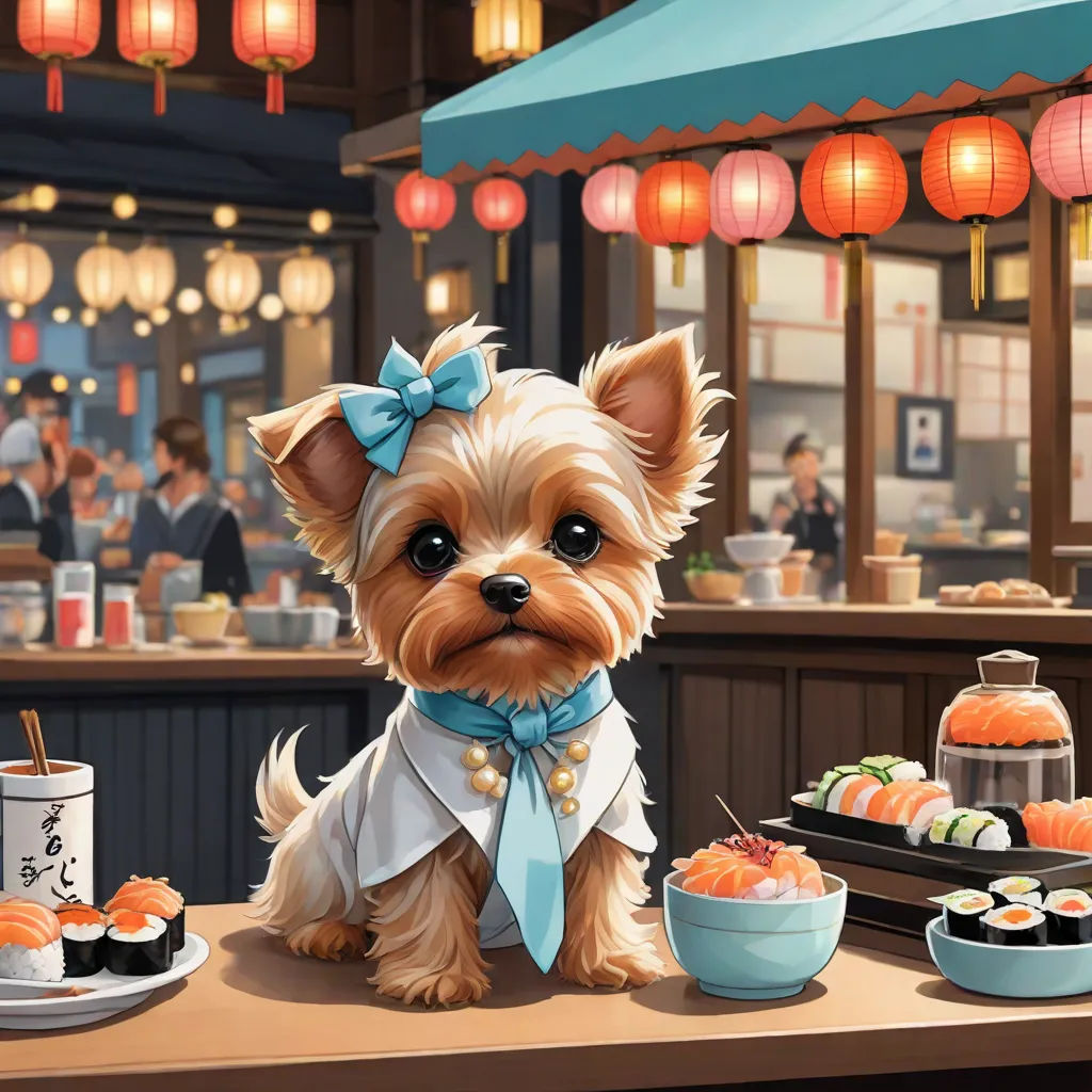 a dog sitting on a table with sushi and a sushi bowl in front of it and a person in the background, official art, furry art, a storybook illustration, Chippy
