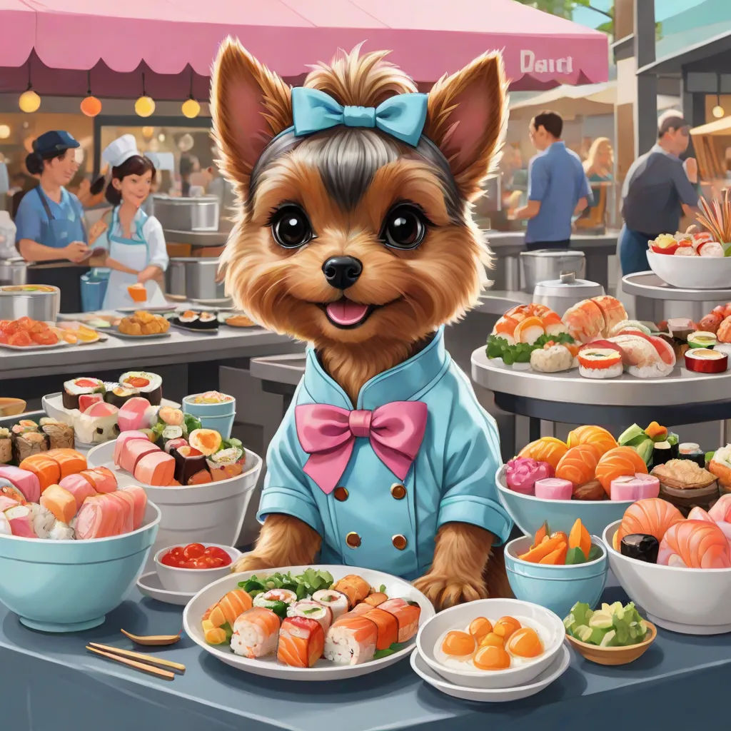 a painting of a dog sitting at a table with sushi and chopsticks in front of it, splash art, furry art, a storybook illustration, Beeple