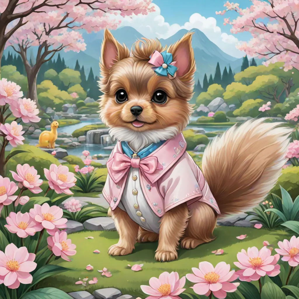 a painting of a dog in a pink dress sitting in a field of flowers and trees with a duck, official art, furry art, a digital rendering, Chris LaBrooy
