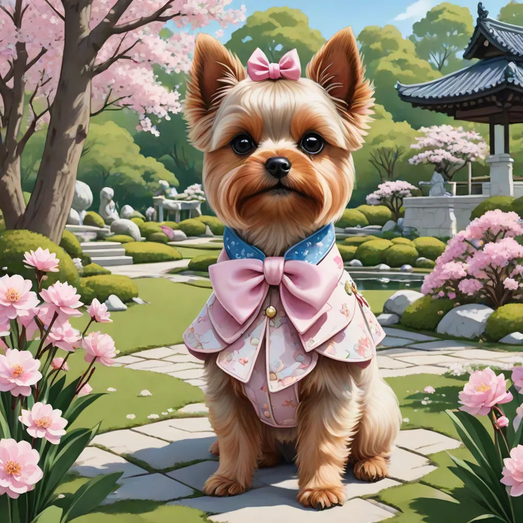 a dog with a pink bow is standing in a garden with pink flowers and trees in the background,, highly detailed digital painting, american impressionism, a fine art painting, Chris LaBrooy