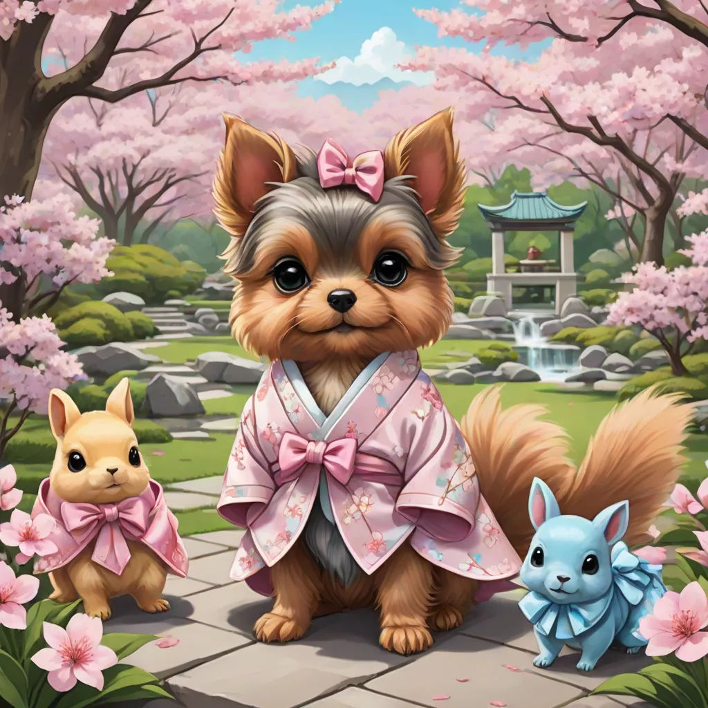 a painting of a dog and two rabbits in a park with cherry blossoms and a pagoda in the background, key art, sots art, a character portrait, Chen Chi