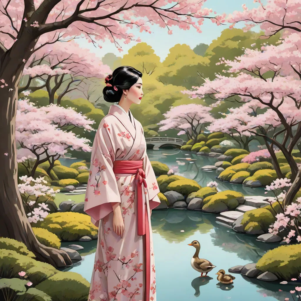 a woman in a kimono standing in front of a pond with ducks in it and a cherry blossom tree, yukito kishiro, magical realism, a storybook illustration, Edwin Georgi
