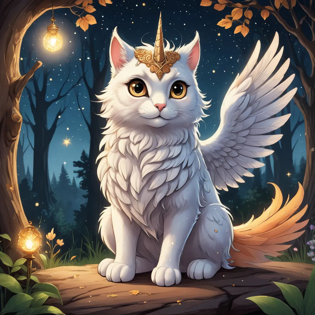 a white cat with a golden horn sitting in a forest at night with a light on its head and a glowing light on its head, fantasy art, a storybook illustration, Anne Stokes, fantasy illustration
