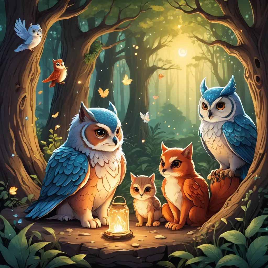 a painting of two owls and a fox in a forest with a lantern and butterflies flying around them,, fantasy art, a storybook illustration, Dan Mumford, trending on art station