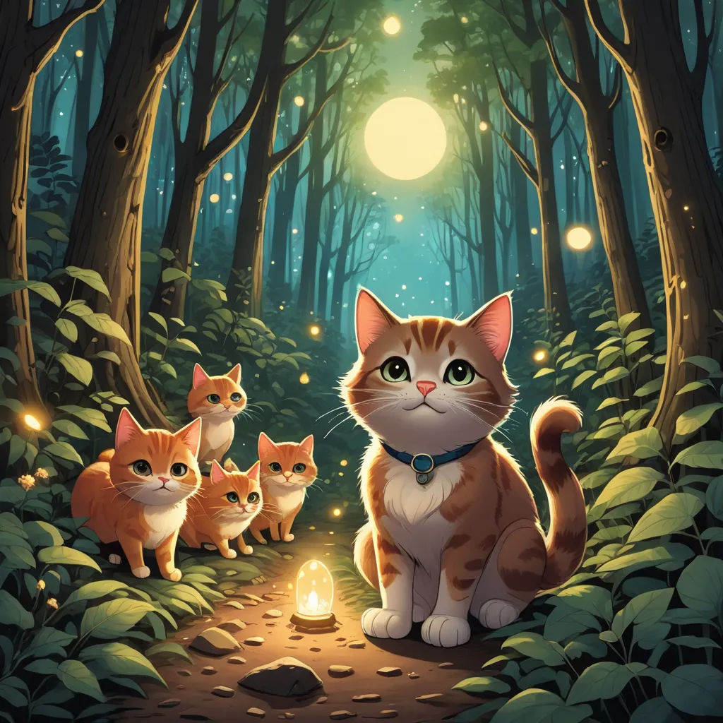 a painting of a cat sitting in the woods with other cats around it and a candle in the foreground, fantasy art, a storybook illustration, Dan Mumford, official art