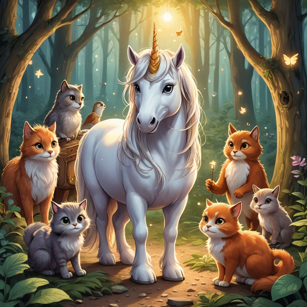 a unicorn surrounded by cats and kittens in a forest with a light shining on them and a forest scene, fantasy art, a storybook illustration, Anne Stokes, key art
