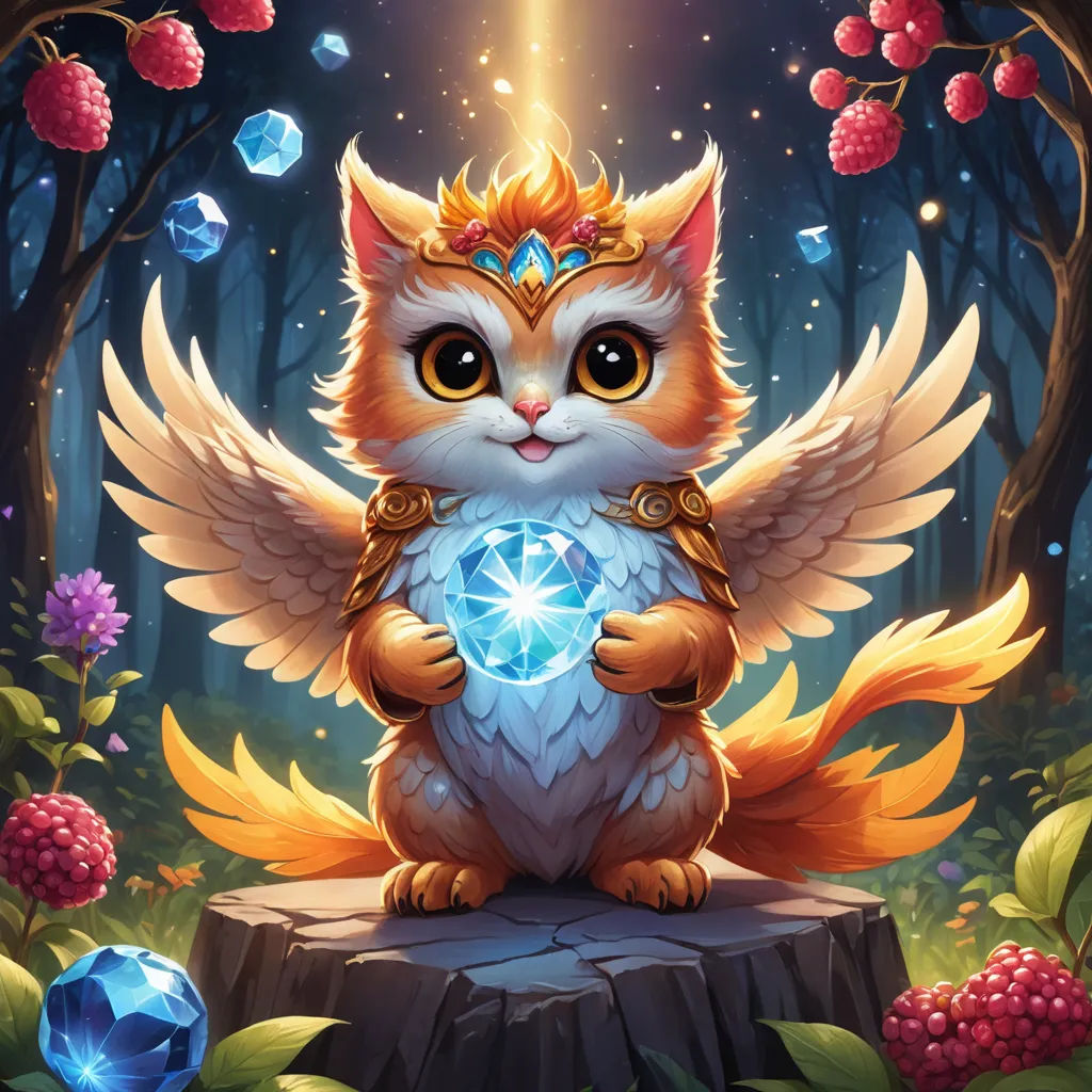 a cat with wings holding a crystal ball in its paws in a forest with berries and berries around it, fantasy art, a character portrait, Chris LaBrooy, splash art