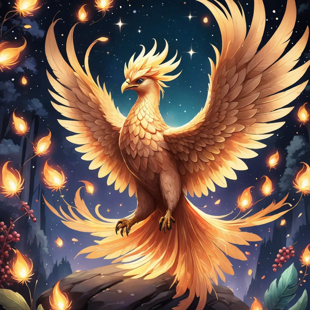 a golden bird with a long tail and wings spread out, sitting on a rock in the night sky, fantasy art, an airbrush painting, Chris LaBrooy, magic the gathering artwork