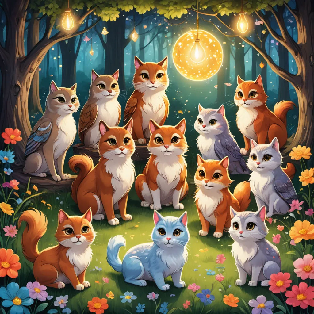a painting of a group of cats in a forest with a full moon in the background and flowers around it, sots art, a storybook illustration, Chris LaBrooy, key art