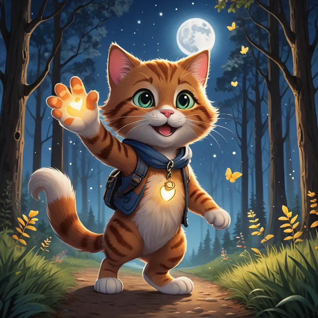 a cat with a backpack is waving at the camera in the woods at night with a full moon in the background, sots art, a storybook illustration, Chris LaBrooy, official art