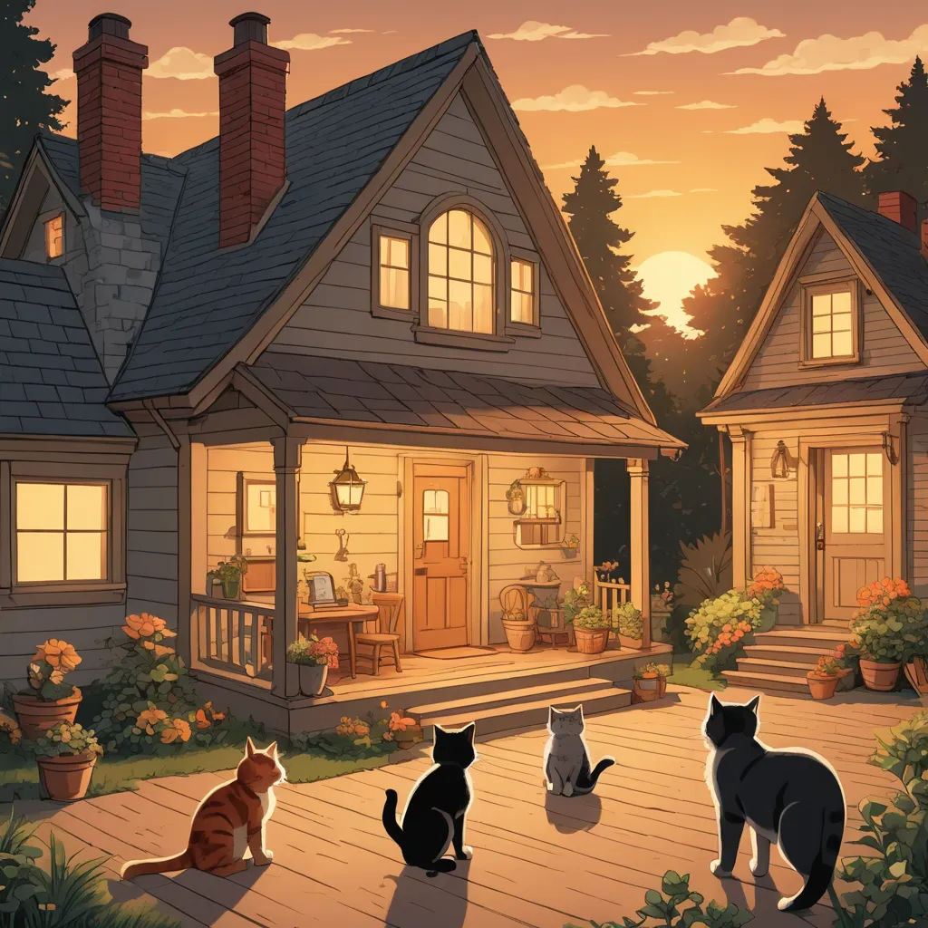 a painting of cats sitting on a porch in front of a house at sunset with the sun setting behind them, american scene painting, a storybook illustration, Dan Mumford, official art