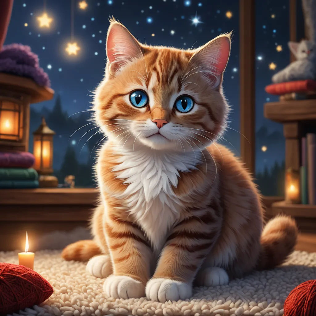 a cat sitting on a rug with a lit candle in the background of a room with a window and a cat on the floor, space art, a storybook illustration, Chris LaBrooy, trending on art station