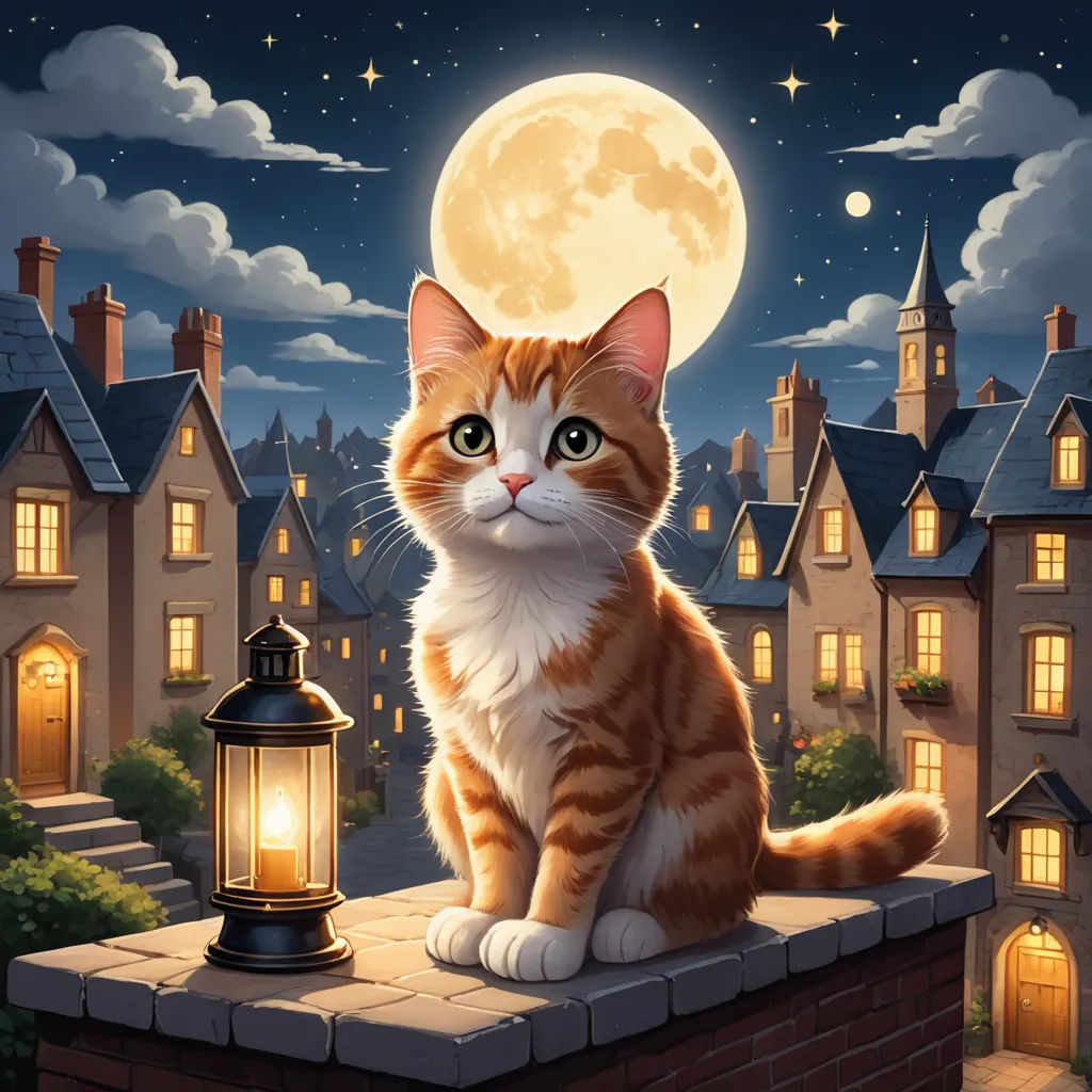 a cat sitting on a ledge with a lantern in front of it and a full moon in the sky, fantasy art, a storybook illustration, Chris LaBrooy, storybook illustration