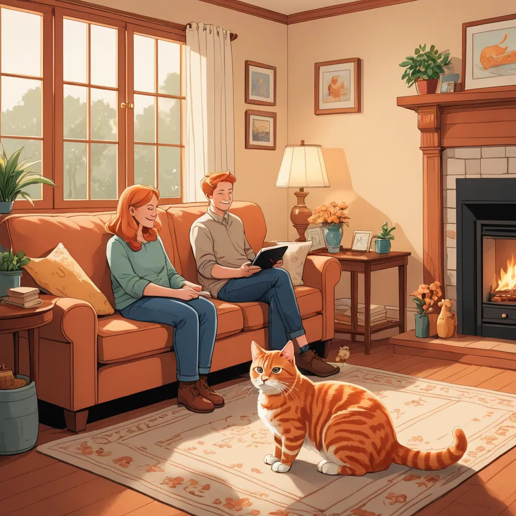 a man and woman sitting on a couch with a cat in front of a fireplace in a living room, american scene painting, a storybook illustration, Chris LaBrooy, storybook illustration