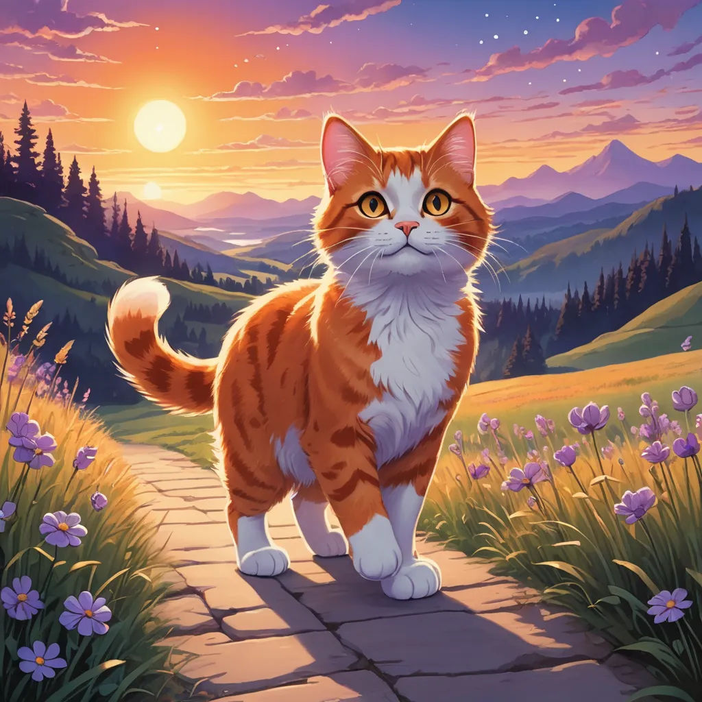 a cat standing on a path in a field of flowers at sunset with a mountain in the background and a full moon in the sky, sots art, a storybook illustration, Dan Mumford, official art