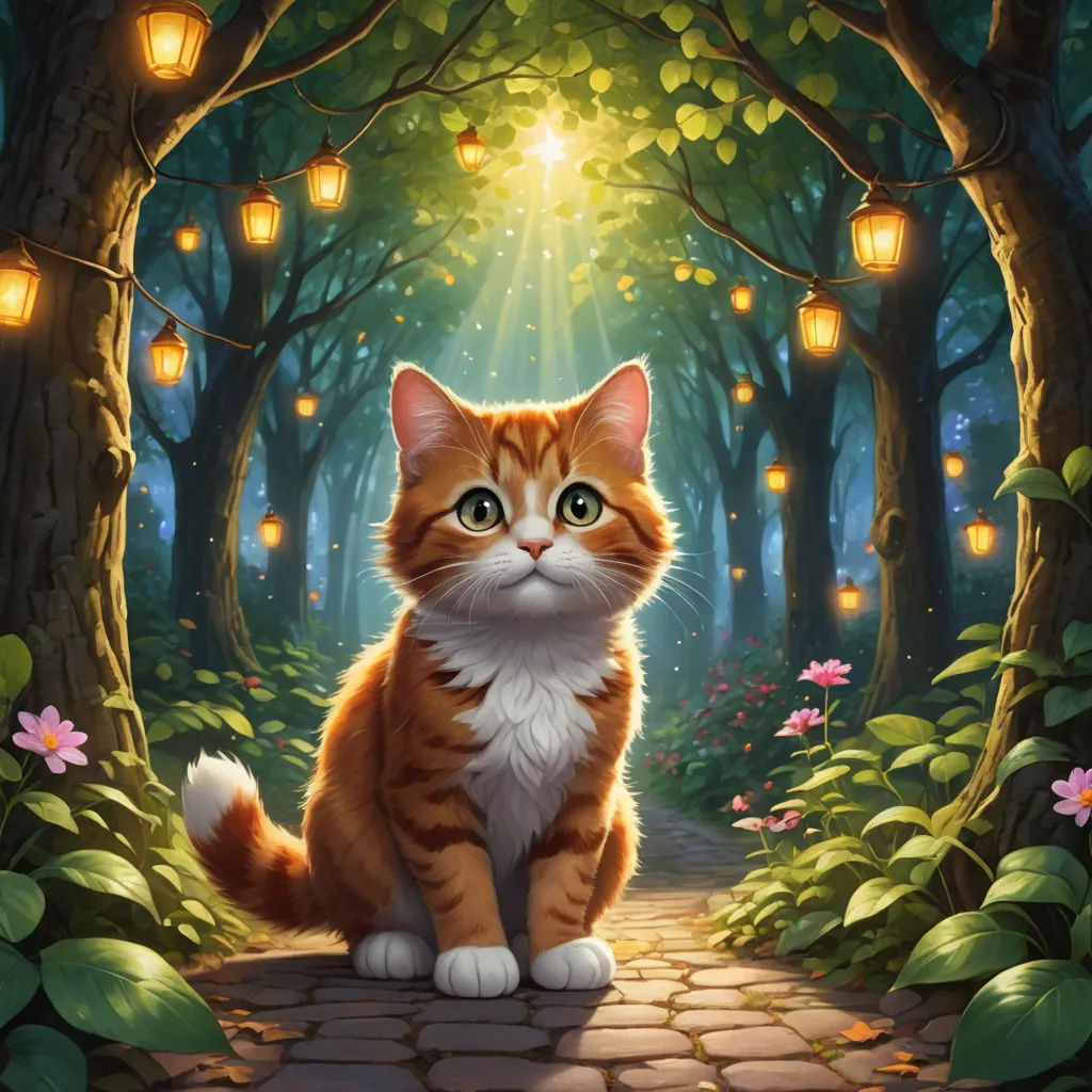 a cat sitting on a stone path in a forest with lanterns hanging from the trees and flowers around it, fantasy art, a storybook illustration, Chris LaBrooy, official art