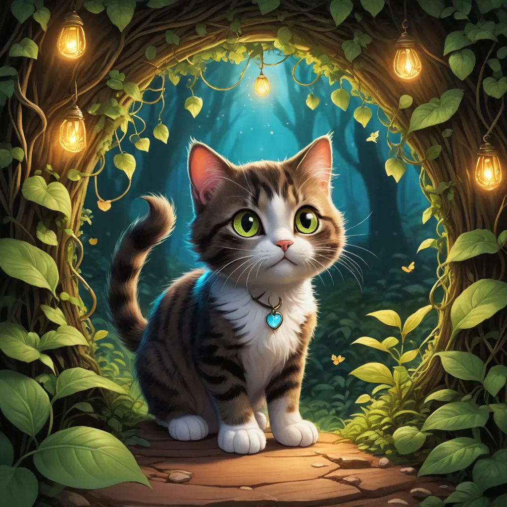 a cat sitting in a forest with a light bulb in its mouth and a glowing light bulb in the background, fantasy art, a storybook illustration, Dan Mumford, official art