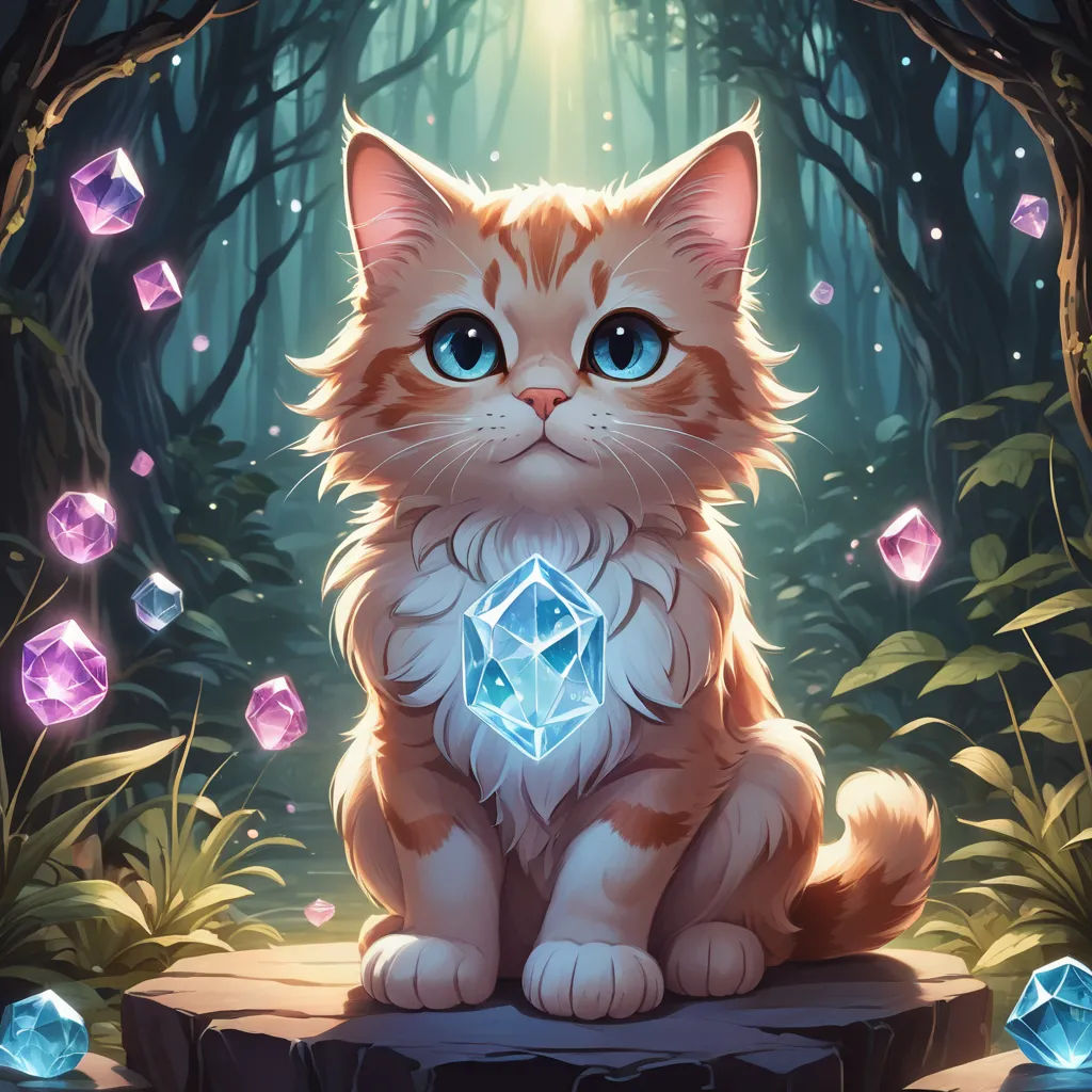 a cat sitting on a rock in a forest with a glowing diamond in its paws and eyes glowing from behind, fantasy art, a character portrait, Artgerm, official art