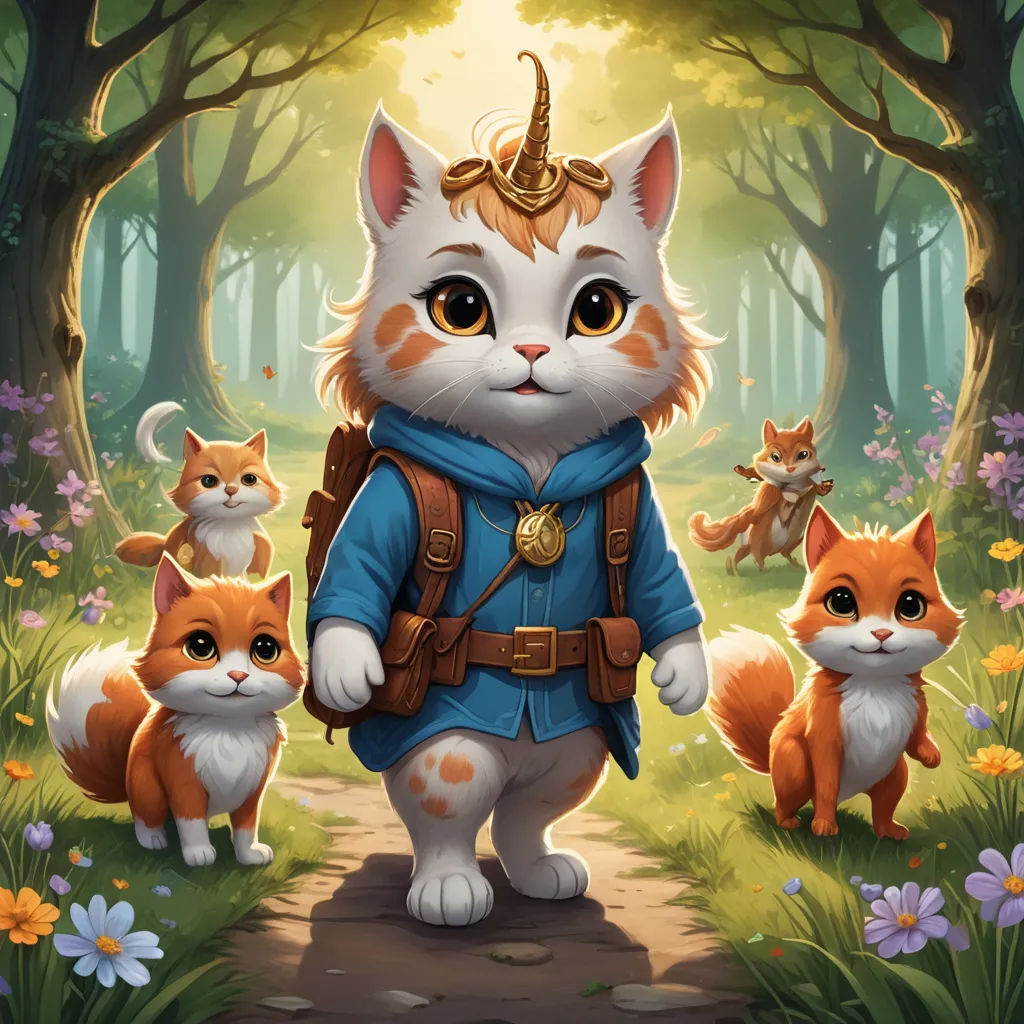 a cat with a hat and a backpack is walking through a forest with other cats and a cat on the path, sots art, a character portrait, Chris LaBrooy, key art