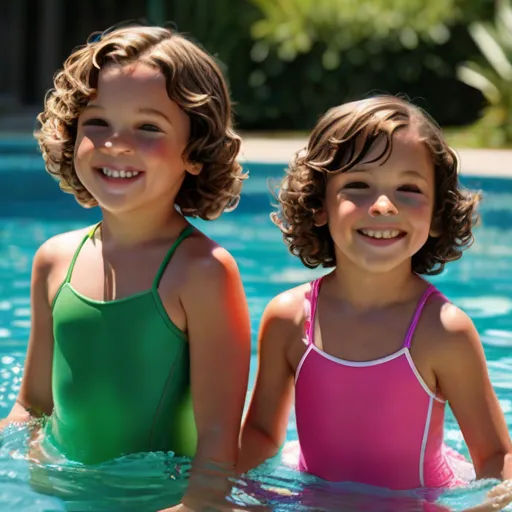 two young girls in a pool with a smile on their faces and arms, both wearing swim suits and smiling, precisionism, a stock photo, Celia Fiennes, promotional image