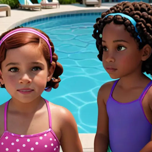 two little girls standing next to a pool in a bathing suit and one is wearing a pink and white polka dot swimsuit, photorealism, a photorealistic painting, disney, pixar and disney animation