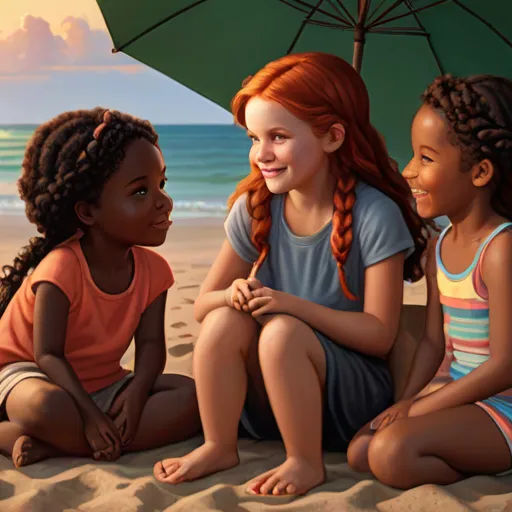three girls sitting on the beach under an umbrella smiling at each other and laughing at the same time of day, american scene painting, a storybook illustration, Aaron Jasinski, official art