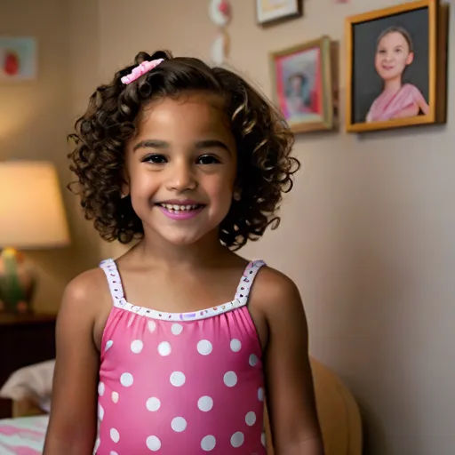 a little girl with curly hair wearing a pink and white dress and smiling at the camera with a pink polka dot dress on, photorealism, a photorealistic painting, Charly Amani, portrait photography