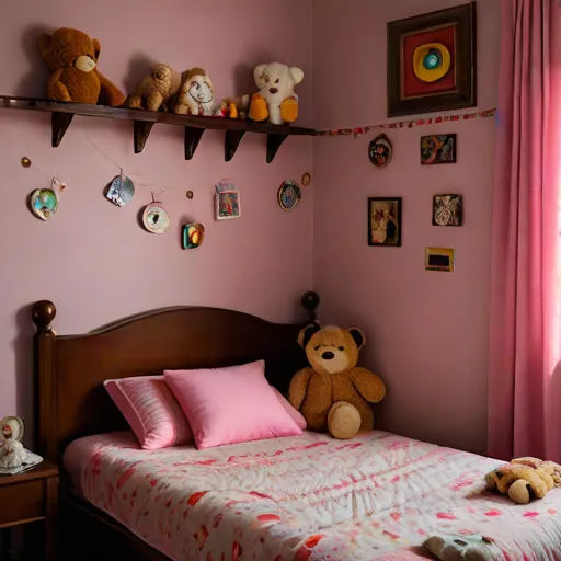 a bed with a pink comforter and a teddy bear on it in a pink bedroom with pink curtains, naive art, a flemish Baroque, Diego Gisbert Llorens, soft colors