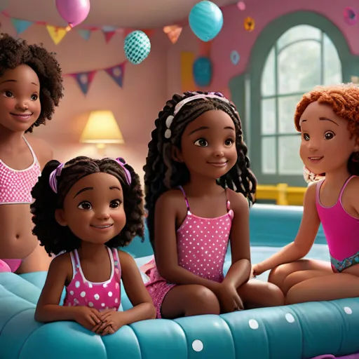 a group of girls in pink swimsuits sitting on a blue bed in a bedroom with balloons and a window, photorealism, a 3D render, disney, promotional image