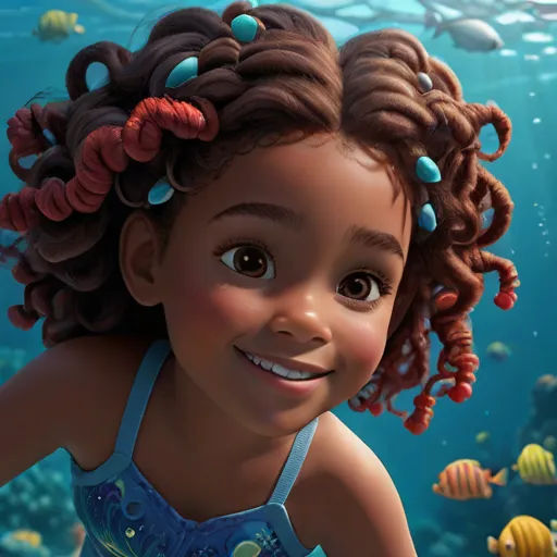 a cartoon girl with curly hair and a blue dress is smiling at the camera while surrounded by fish and corals, photorealism, a poster, Cliff Childs, pixar and disney animation
