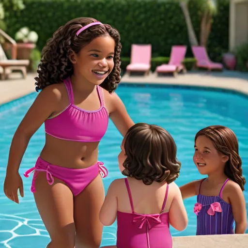a group of children standing next to a pool in a swimming pool with a woman in a bikini and two children in a bathing suit, photorealism, a digital rendering, Bob Byerley, promotional image