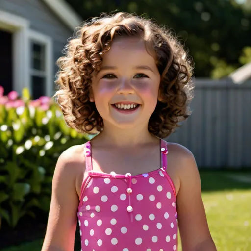 a little girl in a pink and white polka dot dress smiles at the camera while standing in a yard, precisionism, a stock photo, Evaline Ness, portrait photography