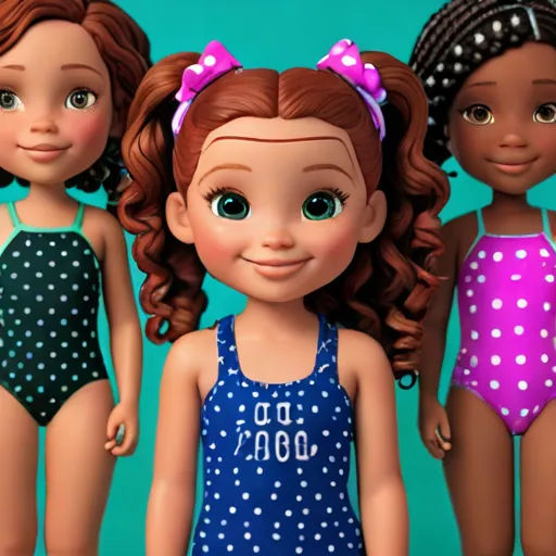 three little girls in swimsuits standing next to each other in front of a blue background with polka dots, photorealism, a 3D render, Caroline Lucy Scott, promotional image