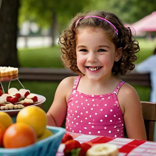a little girl sitting at a table with a plate of fruit and a cake on it, smiling at the camera, american impressionism, a stock photo, Evaline Ness, professional food photography