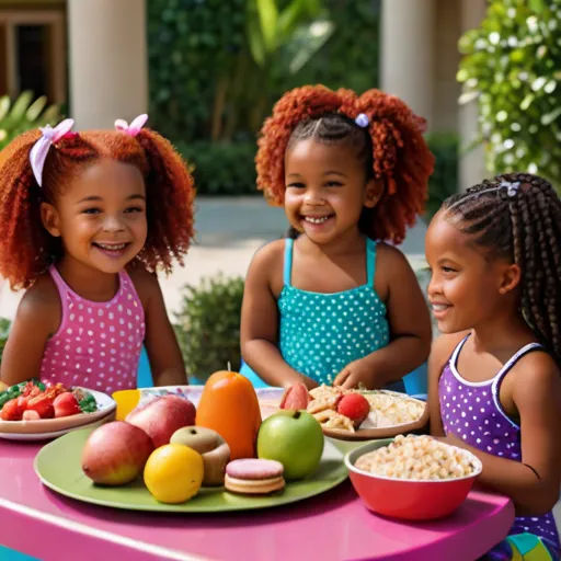 three little girls sitting at a table with plates of food on it and smiling at the camera, with a pink tablecloth, lyco art, a stock photo, Dulah Marie Evans, summer vibrancy