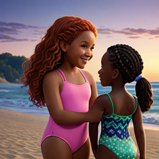 two girls in swimsuits standing on a beach at sunset, one of them is holding the other's hand, photorealism, a poster, disney, pixar and disney animation