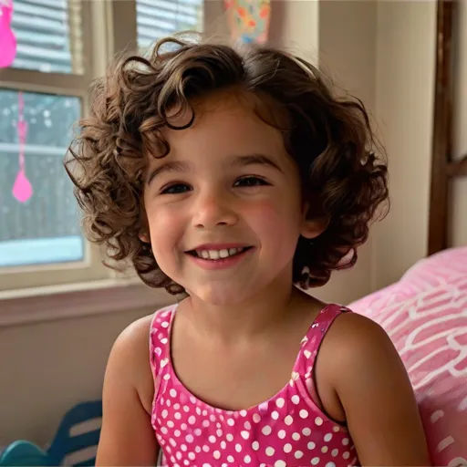 a little girl sitting on a bed smiling at the camera with a pink polka dot shirt on and a pink pillow, photorealism, a photocopy, Charly Amani, affinity photo