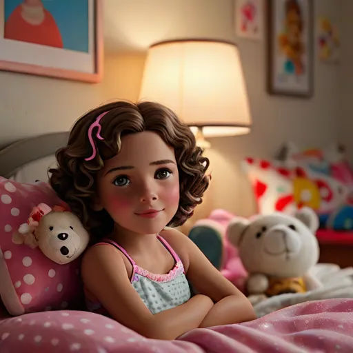 a doll sitting on a bed with a teddy bear on it's back and a lamp on the side, photorealism, a digital rendering, Clarice Beckett, cgstudio