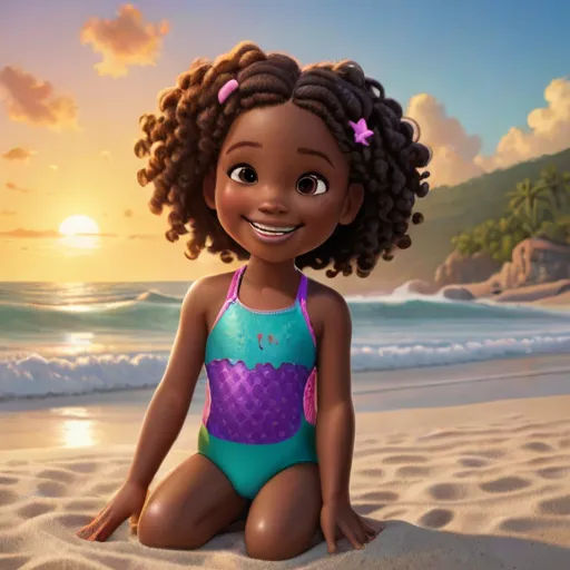 a cartoon girl sitting on a beach in a bathing suit with a smile on her face and a pink bow in her hair, photorealism, a poster, disney, pixar and disney animation